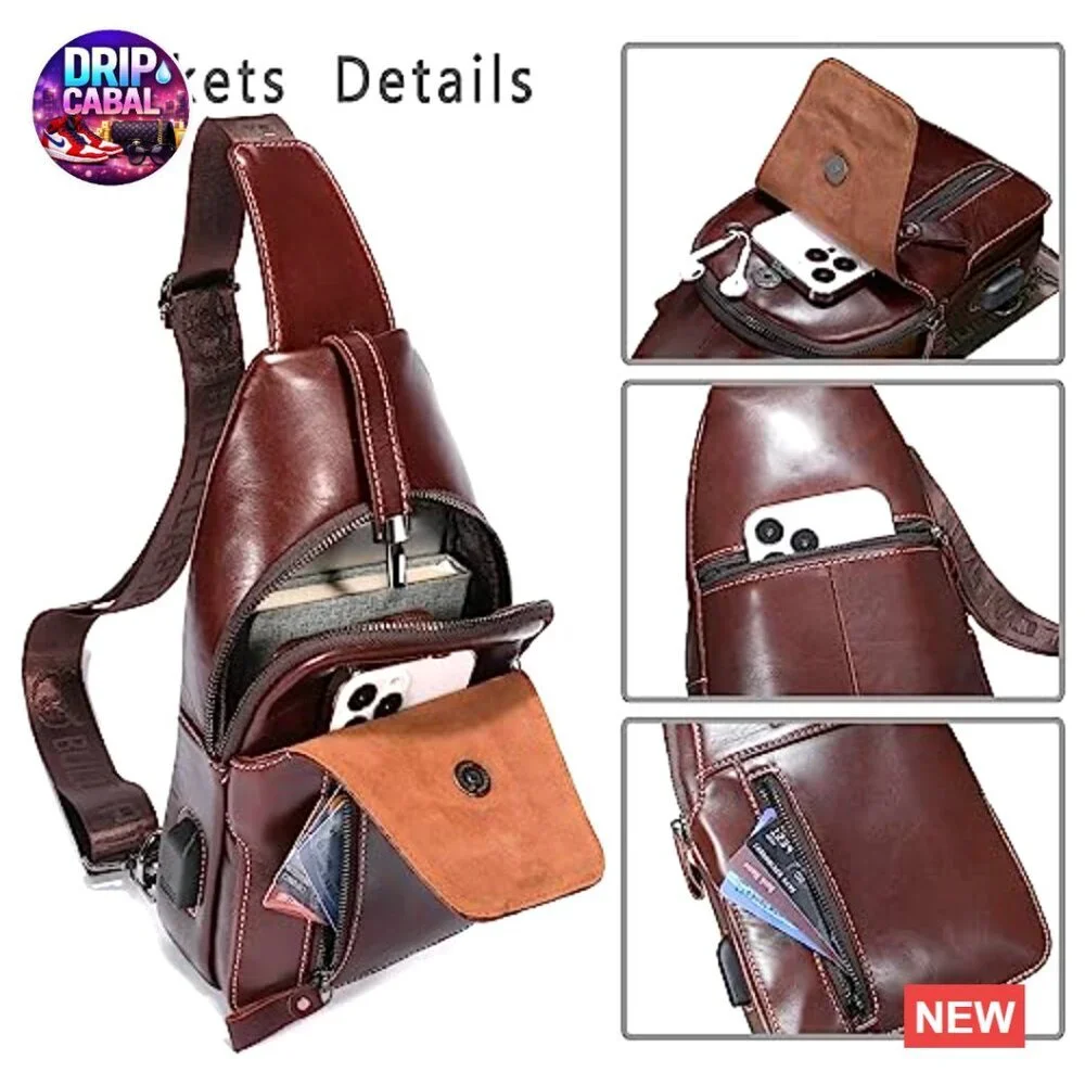 Genuine Leather Sling Bag Crossbody Backpack Daypack with USB Charging Port
